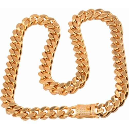 Stainless Steel Jewelry Gold High Polished Miami Cuban Link Necklace Men Crystal Punk Curb Chain