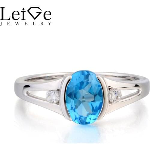 Leige Jewelry Swiss Blue Topaz Ring Engagement Ring Oval Cut Blue Gemstone November Birthstone 925 Sterling Silver Ring Gifts