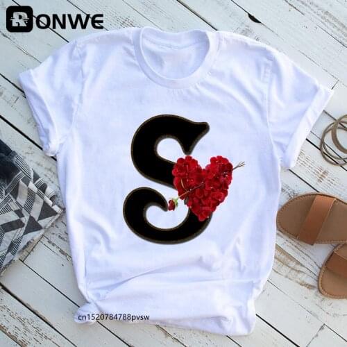 Womens Rose Heart Letter Combination Printing T-shirt Girl Flower Letter Font A B C D E F G Short sleeve Tshirt,Drop Ship