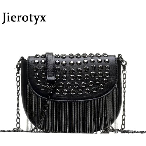 JIEROTYX Original Design Women Bags Leather Diamonds Shoulder Bags Sexy Rivet Shoulder Bag Lady Small Black Tassel Chains