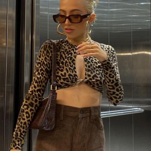 Hot Girls Leopard Print Hollow Out Cropped Long Sleeve Slim Fit T-shirt Y2K Women Vintage Tops Tee Sexy Streetwear Clothes