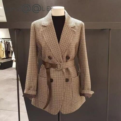 With A Belt High Quality Plaid Women jacket Casual Double-breasted Sashes Suit Jacket Female Work Blazer Slim Blazer Outwear