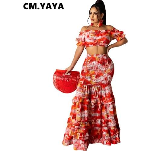 CM.YAYA Women Set Pint Short Sleeve Off Shoulder Slash Crop Tops Ruffles Long Skirts Two 2 Piece Sets Fashion Streetwear Summer