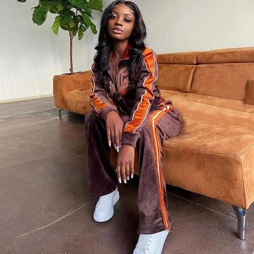 Women Autumn Tracksuit Letter Print Gold Velvet 2 Piece Outfit Sweatshirt and Straight Sweatpants Matching Set Sporty Streetwear