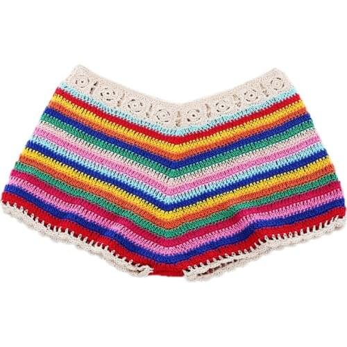 Womens Sexy Bohemian Rainbow Handmade Crochet Knitted Bikini Set Drawstring Lace Up Bandeau Tube Top Shorts Beach Swimsuit