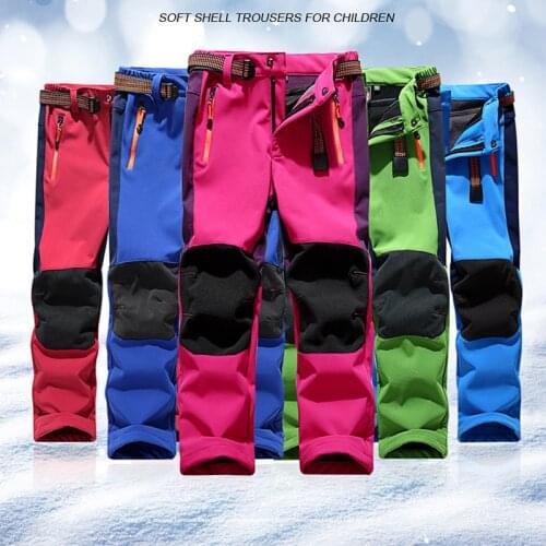 2019 Winter Boy Hiking Camping Pants Waterproof Girl Outdoor Snowboard Pants Plus Velvet Soft Shell Ski Pants Sports Skiing