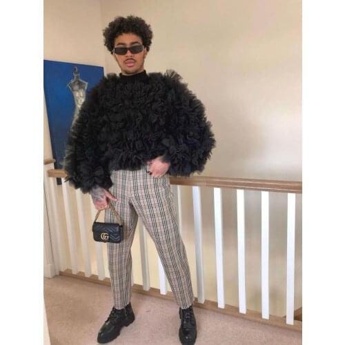 2021 New Trend Tiered Puffy Top Black Fashion Long Tiered Ruffle Tulle Blouse Custom Made Casual Top Party Wear High Street Tops