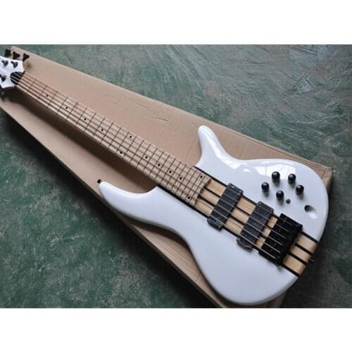 6 Strings White body Electric Bass Guitar with 2 Black Active Pickups,Black Hardware,Neck through body,offer customized