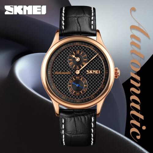 Dial Hollow Watches Men Business Casual Automatic Mechanical Mens Wristwatch Leather Strap Quartz Watch SKMEI Relogio Masculino