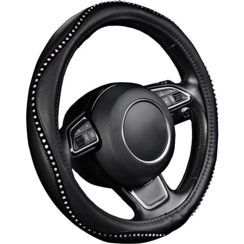 Fashion Steering Wheel Cover Black Lychee Pattern with Luxury Crystal Rhinestone M Size Fits 38cm