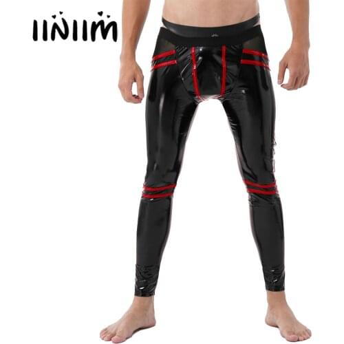 Mens Erotic Skinny Pants Low Rise Elastic Waistband Night Club Performance Trousers Open Back Striped Patent Leather Leggings