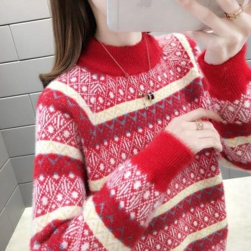 Stitching Thick Striped Sweater Womens Autumn Winter Holiday Party Top Female Loose mink velvet pullover round neck sweater XXL