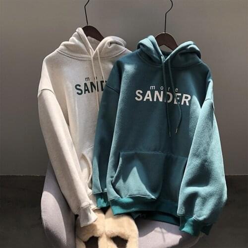 Autumn Women Letter Print Hooded Long Sleeve Women Casual Thick Fleece Hoodies Loose Style Clothes Thick Pullovers