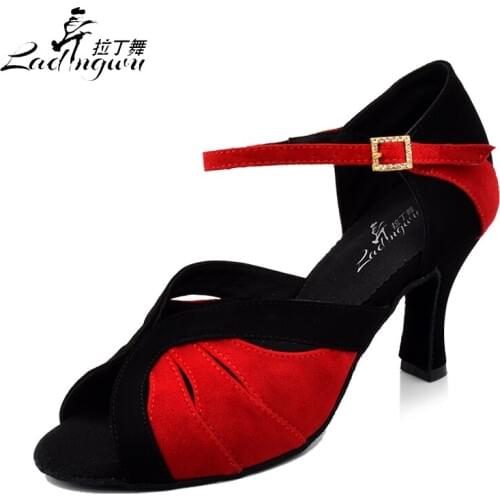 Ladingwu Factory Outlet Black Collocation Red Shoes Woman Flannel Collocation Rhinestone buckle Latin Party Dance Shoes Women