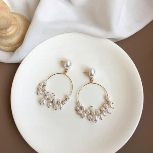 Korean Trendy Geometric Hollow Pearl Clip on Earrings Luxury Imitation Pearls Big Circle Clip Earrings No Hole for Women