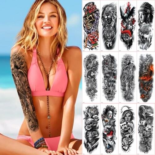 Stickers women tattoos oversleeve temporary sleeve tattoo long sleeve halloween body stickers skull death tattoo large summer