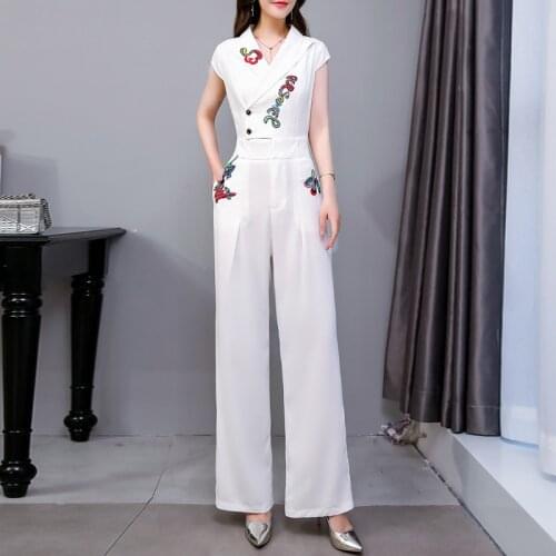 Women Jumpsuits Rompers Summer Casual Print Embroidered Overalls Jumpsuit Straight Wide Leg Loose Jumpsuit