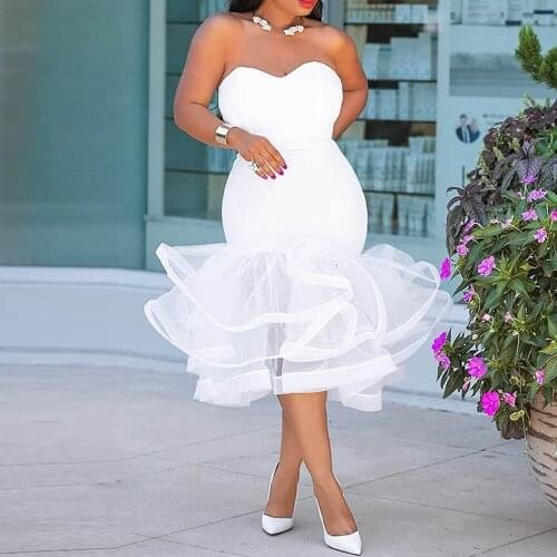 Strapless Bodycon Dress Women Sexy Off Shoulder White Elegant Mesh Ruffles Fashion Summer 2021 Female Party Club Dresses