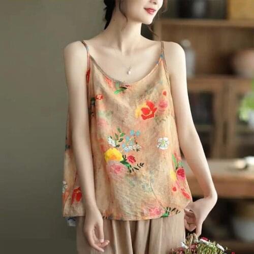2021 chinese traditional sleeveless vest women girls top fancy flower printing cotton and linen loose ethnic china clothes