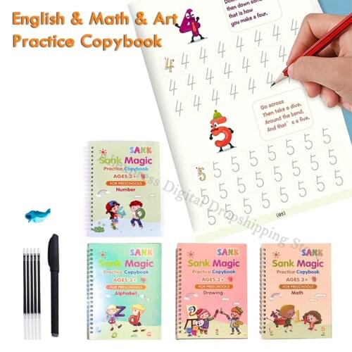 4 Books + Pen for Childrens Magic Books Reusable 3D Calligraphy Copybooks English Number Lettering Writing Practice Copybook