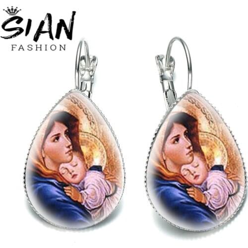 SIAN Blessed Virgin Mary Mothers Day Christian Earrings Pendant Convex Glass Vintage Jewelry Ladies Decorations Gift to Mother