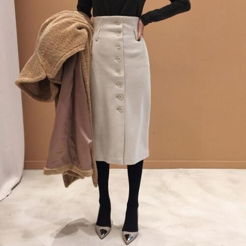 Free Shipping 2020 New Fashion Warm Elegant Knee Length Women Straight S-2XL High Waist Winter And Autumn Single Breasted Skirts
