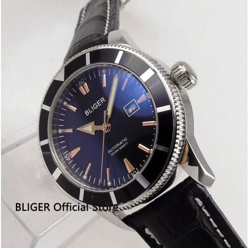 Classic BLIGER 46mm black dial black rotating bezel luminous pointer leather deployment clasp automatic movement mens watch B19