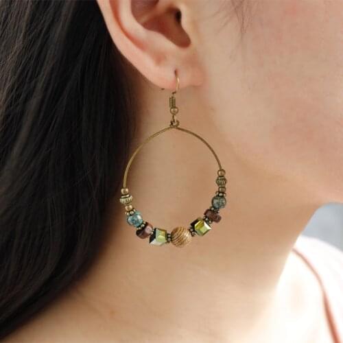 Colorful Beads Dangle Stone Earrings Ethnic Trendy Style Earring Metal Hoop Circle Exaggerated Ethnic Drop Earring