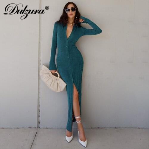 Dulzura 2021 Autumn Winter Women Knitted Solid Long Sleeve Shirt Midi Dress Turn Down Collar Sexy Streetwear Party Elegant Slim