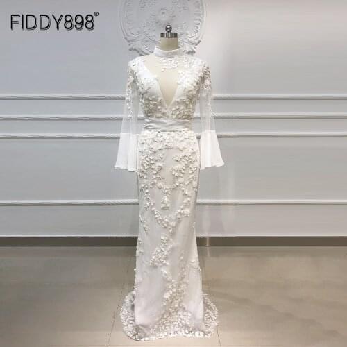 Elegant Ivory Long Sleeves High Neck Mermaid Wedding Dress 2020 Bride Gown 3D Flowers Bridal Dress FIDDY898 Robe De Mariage