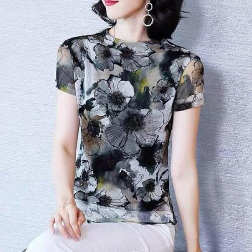 Mesh T Shirt Women Complex Flower Print Summer New Design Feeling O Collar Base Western Style Slim Short Tops Tees Casual Gril