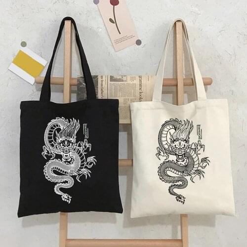 Dragon Printing Canvas Bag Shopper Bag Harajuku Large Capacity Punk Gothic Style Women Bags Classic Vintage Shoulder Bag Handbag