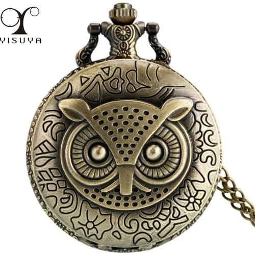 Exquisite Bronze Owl Face Full Hunter Quartz Pocket Watch Vintage Fashion Necklace Pendant Antique Clock Gifts Men Women Kids