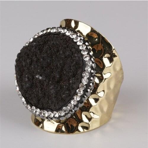 Round black rough raw druzy stone bead charm pave white rhinestone big wide wrap hammered resizable gold women open ring cuff