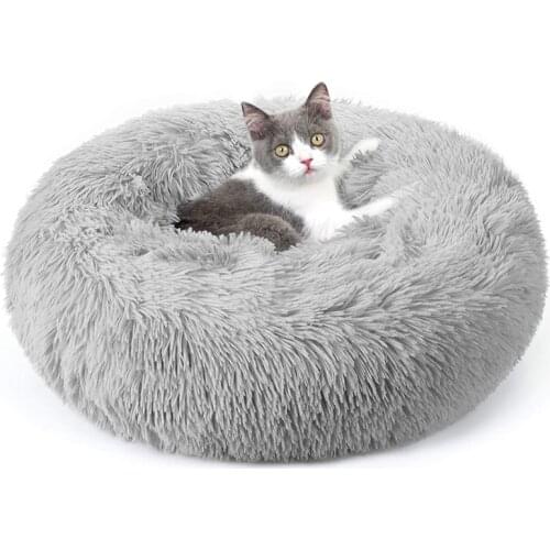 Cat Bed for Indoor Cats Fluffy Round Self Warming Soft Plush Donut Cuddler Cushion Pet Bed for Small Dogs Washable Non-Slip