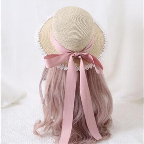 Lolita Pastorale Style Lace Ribbon Straw Hat Flat Cap Mori Girl Handmade Beach Sun Hat B1800