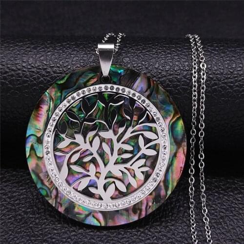 Tree of Life Crystal Stainless Steel Statement Necklace Women Silver Color Big Necklaces Chain Jewelry collier femme NXS04