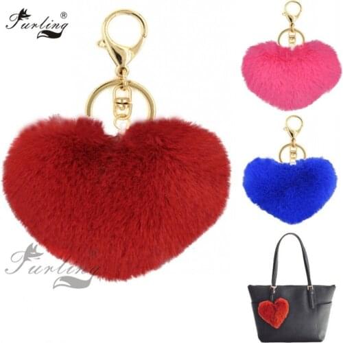 Furling 1 PC Lovely and Fluffy 10CM Heart Faux Rex Rabbit Fur Pom Poms Gold Key Chain Soft Faux Fur Ball Key Rings Bag Charms