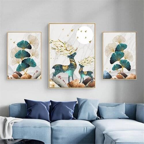 Nordic Green Prints Wall Art Pictures Abstract Landscape Elk Leaf Poster Canvas plants and Deer Animals Paintings Home Decor