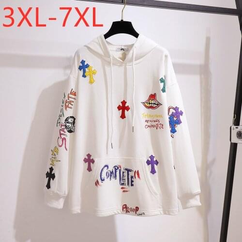 New Ladies Autumn Winter Plus Size Hoodie For Women Large Long Sleeve Loose Cotton Print White Sweatshirt Coat 4XL 5XL 6XL 7XL