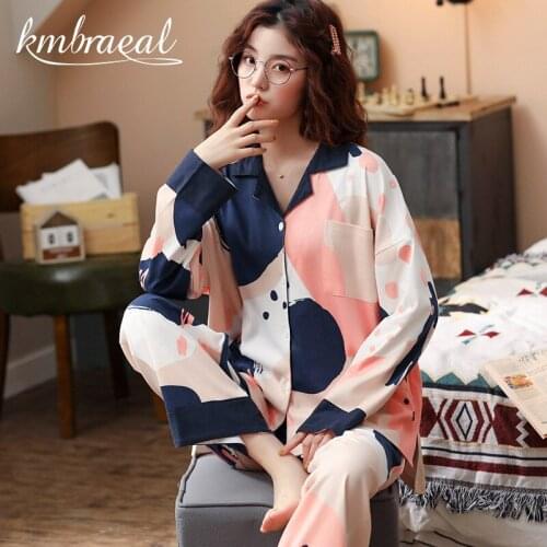 Pajamas Set Women Long Sleeve Splash-ink Sleepwear Sexy Pure Cotton Autumn Homewear 2Piece/Set Home Clothes Female Plus Size 3xl