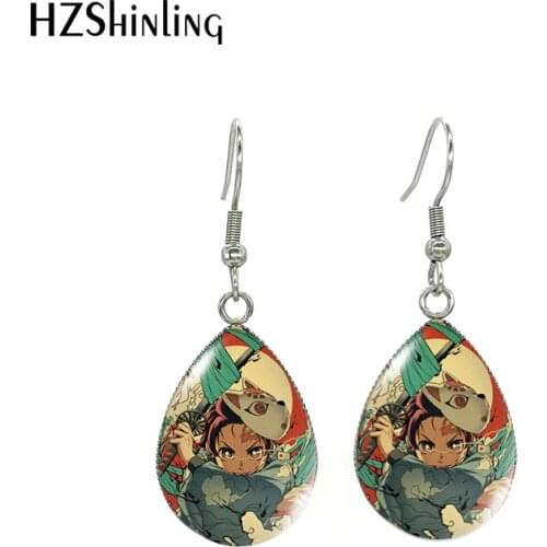 2020 New Arrival Demon Slayer Kimetsu no Yaiba Tanjirou Nezuko Anime Tear Drop Glass Cabochon Fish Hook Earrings