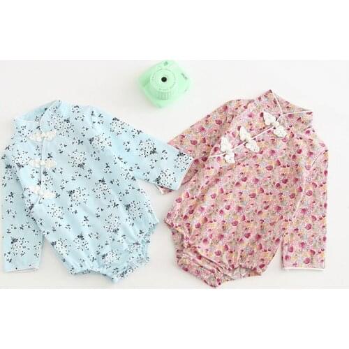 Vintage floral romper baby girls long sleeve cheongsam cotton breathable infant jumpsuit bodysuit toddler baby clothing 0-2y