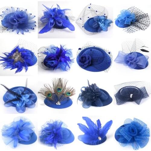 Women Party Derby Blue Handamde Feather Fascinators Pillbox Hat Hair Clip Veil Lace Crystal Flower Accessory