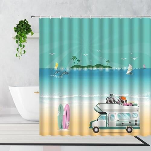 3D Beach Camper Shower Curtain Surfboard Palm Tree Cartoon Bathroom Curtains Waterproof Bathtub Screen Polyester Fabric Washable