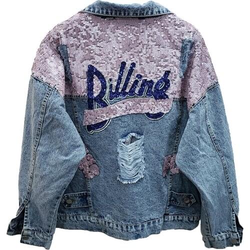 2021 Autumn Fashion Sequins Denim Jacket Women Loose Short Outerwear Chaquetas Mujer Vintage Blue Holes Jeans Jacket Coat Female