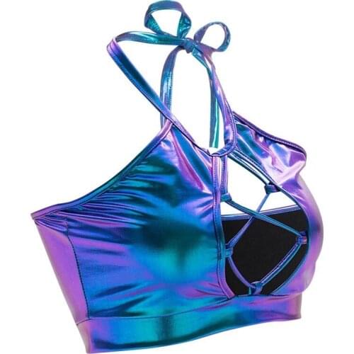 Women Sexy Tops Halter Hollow Out Shiny Pole Dance Bra Hot Exotic Camisole Ladies Tank Tops Clubwear Bandage Sleeveless Crop Top