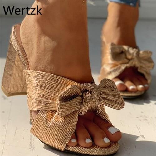 2020 Summer Fashion Sequined Cloth Women Slippers Slides Round Toe Square High Heel Dress Slip On Mules Gold Size 35-42