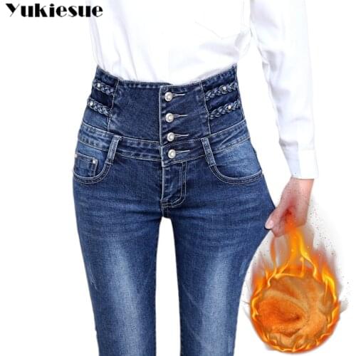 2019 autumn high waist winter warm thick ladies jeans woman button fly legging pencil pants jeans plus size stretch women jeans