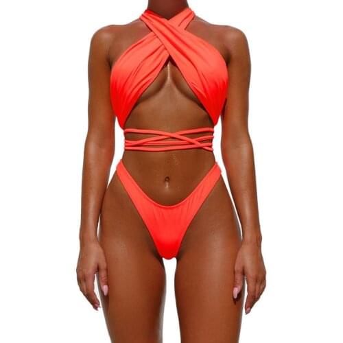 2021 New Cossbody Bandage Two Piece Swuit Women Swimwear Sequins Halter Thong Bikini Set Padded Swimsuit Women Bathing Suit